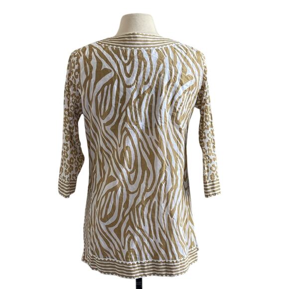 GRETCHEN SCOTT Tunic Womens Sz Small Tan Animal Print Safari Coastal Beach - Picture 7 of 9